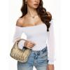 imageREORIA Womens Off The Shoulder Sheer Mesh Puff Long Sleeve Thong Bodysuit TopsWhite