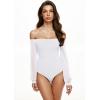 imageREORIA Womens Off The Shoulder Sheer Mesh Puff Long Sleeve Thong Bodysuit TopsWhite