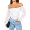 imageREORIA Womens Off The Shoulder Sheer Mesh Puff Long Sleeve Thong Bodysuit TopsWhite