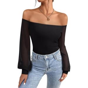 imageREORIA Womens Off The Shoulder Sheer Mesh Puff Long Sleeve Thong Bodysuit TopsBlack