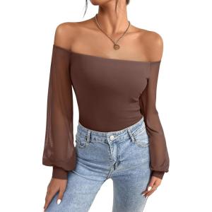 imageREORIA Womens Off The Shoulder Sheer Mesh Puff Long Sleeve Thong Bodysuit TopsCoffee