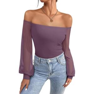 imageREORIA Womens Off The Shoulder Sheer Mesh Puff Long Sleeve Thong Bodysuit TopsGray Purple