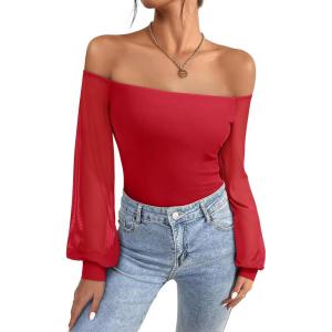 imageREORIA Womens Off The Shoulder Sheer Mesh Puff Long Sleeve Thong Bodysuit TopsTomato