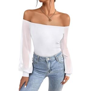 imageREORIA Womens Off The Shoulder Sheer Mesh Puff Long Sleeve Thong Bodysuit TopsWhite