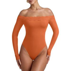 imageREORIA Womens Sexy Off The Shoulder Long Sleeve Bodysuit Lace Body Suits Going Out Tops Fall Outfit 2025Harvest Pumpkin