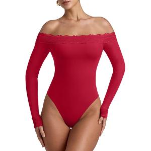 imageREORIA Womens Sexy Off The Shoulder Long Sleeve Bodysuit Lace Body Suits Going Out Tops Fall Outfit 2025Watermelon