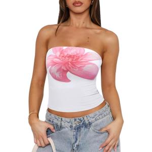 imageREORIA Womens Y2K Strapless Backless Tube Top Double Lined Sleeveless Crop Tank Top for Summer 2025 Going OutFloral Print