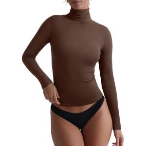 imageREORIA Womens Basic Long Sleeve Thermal Shirts Mock Turtle Neck Soft Wool Winter Layering Slim Fit Underwear Tops 2025Shaved Chocolate