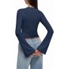 imageREORIA Womens 2025 Fall Fashion Square Neck Lace Long Bell Sleeves Shirts Double Lined Casual Slim Fit TopsBlue