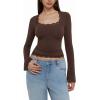 imageREORIA Womens 2025 Fall Fashion Square Neck Lace Long Bell Sleeves Shirts Double Lined Casual Slim Fit TopsBrown