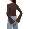 imageREORIA Womens 2025 Fall Fashion Square Neck Lace Long Bell Sleeves Shirts Double Lined Casual Slim Fit TopsBrown