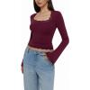 imageREORIA Womens 2025 Fall Fashion Square Neck Lace Long Bell Sleeves Shirts Double Lined Casual Slim Fit TopsBurgundy