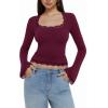 imageREORIA Womens 2025 Fall Fashion Square Neck Lace Long Bell Sleeves Shirts Double Lined Casual Slim Fit TopsBurgundy
