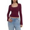 imageREORIA Womens 2025 Fall Fashion Square Neck Lace Long Bell Sleeves Shirts Double Lined Casual Slim Fit TopsBurgundy