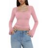 imageREORIA Womens 2025 Fall Fashion Square Neck Lace Long Bell Sleeves Shirts Double Lined Casual Slim Fit TopsPink