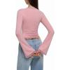 imageREORIA Womens 2025 Fall Fashion Square Neck Lace Long Bell Sleeves Shirts Double Lined Casual Slim Fit TopsPink
