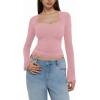 imageREORIA Womens 2025 Fall Fashion Square Neck Lace Long Bell Sleeves Shirts Double Lined Casual Slim Fit TopsPink