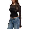 imageREORIA Womens 2025 Lace Long Sleeve Tops Sexy Mesh Sheer Y2k V Neck Shirts See Through BlousesBlack