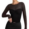 imageREORIA Womens 2025 Lace Long Sleeve Tops Sexy Mesh Sheer Y2k V Neck Shirts See Through BlousesBlack