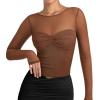 imageREORIA Womens 2025 Lace Long Sleeve Tops Sexy Mesh Sheer Y2k V Neck Shirts See Through BlousesBrown