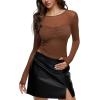 imageREORIA Womens 2025 Lace Long Sleeve Tops Sexy Mesh Sheer Y2k V Neck Shirts See Through BlousesBrown
