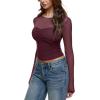 imageREORIA Womens 2025 Lace Long Sleeve Tops Sexy Mesh Sheer Y2k V Neck Shirts See Through BlousesWine Red