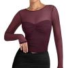 imageREORIA Womens 2025 Lace Long Sleeve Tops Sexy Mesh Sheer Y2k V Neck Shirts See Through BlousesWine Red
