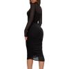 imageREORIA Womens Fall Mesh Long Sleeve Midi Ruched Bodycon Dress Mock Neck Elegant Club Evening Party Cocktail DressesBlack