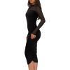 imageREORIA Womens Fall Mesh Long Sleeve Midi Ruched Bodycon Dress Mock Neck Elegant Club Evening Party Cocktail DressesBlack