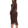 imageREORIA Womens Fall Mesh Long Sleeve Midi Ruched Bodycon Dress Mock Neck Elegant Club Evening Party Cocktail DressesChocolate