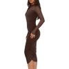 imageREORIA Womens Fall Mesh Long Sleeve Midi Ruched Bodycon Dress Mock Neck Elegant Club Evening Party Cocktail DressesChocolate