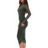 imageREORIA Womens Fall Mesh Long Sleeve Midi Ruched Bodycon Dress Mock Neck Elegant Club Evening Party Cocktail DressesThyme Green