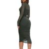 imageREORIA Womens Fall Mesh Long Sleeve Midi Ruched Bodycon Dress Mock Neck Elegant Club Evening Party Cocktail DressesThyme Green