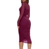 imageREORIA Womens Fall Mesh Long Sleeve Midi Ruched Bodycon Dress Mock Neck Elegant Club Evening Party Cocktail DressesWine Red