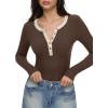 imageREORIA Womens Long Sleeve Y2K Henley Shirts Button Ribbed Knit Slim V Scoop Neck 2025 Fall Fashion Basic TopsCoffee