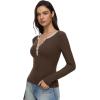 imageREORIA Womens Long Sleeve Y2K Henley Shirts Button Ribbed Knit Slim V Scoop Neck 2025 Fall Fashion Basic TopsCoffee
