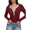 imageREORIA Womens Long Sleeve Y2K Henley Shirts Button Ribbed Knit Slim V Scoop Neck 2025 Fall Fashion Basic TopsWine Red