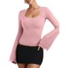 imageREORIA Womens 2025 Fall Fashion Square Neck Lace Long Bell Sleeves Shirts Double Lined Casual Slim Fit TopsPink