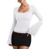imageREORIA Womens 2025 Fall Fashion Square Neck Lace Long Bell Sleeves Shirts Double Lined Casual Slim Fit TopsWhite