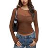 imageREORIA Womens 2025 Lace Long Sleeve Tops Sexy Mesh Sheer Y2k V Neck Shirts See Through BlousesBrown