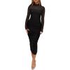 imageREORIA Womens Fall Mesh Long Sleeve Midi Ruched Bodycon Dress Mock Neck Elegant Club Evening Party Cocktail DressesBlack
