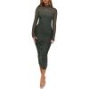 imageREORIA Womens Fall Mesh Long Sleeve Midi Ruched Bodycon Dress Mock Neck Elegant Club Evening Party Cocktail DressesThyme Green