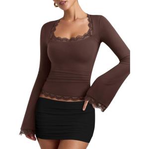 imageREORIA Womens 2025 Fall Fashion Square Neck Lace Long Bell Sleeves Shirts Double Lined Casual Slim Fit TopsBrown