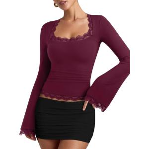 imageREORIA Womens 2025 Fall Fashion Square Neck Lace Long Bell Sleeves Shirts Double Lined Casual Slim Fit TopsBurgundy