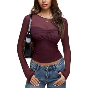 imageREORIA Womens 2025 Lace Long Sleeve Tops Sexy Mesh Sheer Y2k V Neck Shirts See Through BlousesWine Red