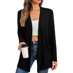 imageREORIA Womens Casual Lightweight Knit Open Front Cardigan Sweater with Pockets 2025 Fall FashionBlack