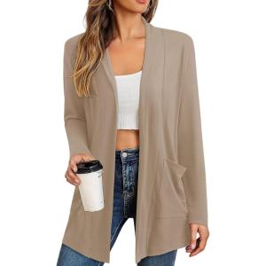 imageREORIA Womens Casual Lightweight Knit Open Front Cardigan Sweater with Pockets 2025 Fall FashionKhaki