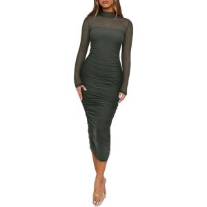 imageREORIA Womens Fall Mesh Long Sleeve Midi Ruched Bodycon Dress Mock Neck Elegant Club Evening Party Cocktail DressesThyme Green