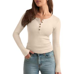imageREORIA Womens Long Sleeve Y2K Henley Shirts Button Ribbed Knit Slim V Scoop Neck 2025 Fall Fashion Basic TopsBeige