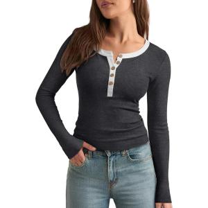 imageREORIA Womens Long Sleeve Y2K Henley Shirts Button Ribbed Knit Slim V Scoop Neck 2025 Fall Fashion Basic TopsDeep Grey